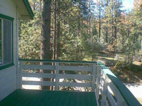 Deck of livingthedream cabin has views of treed fields